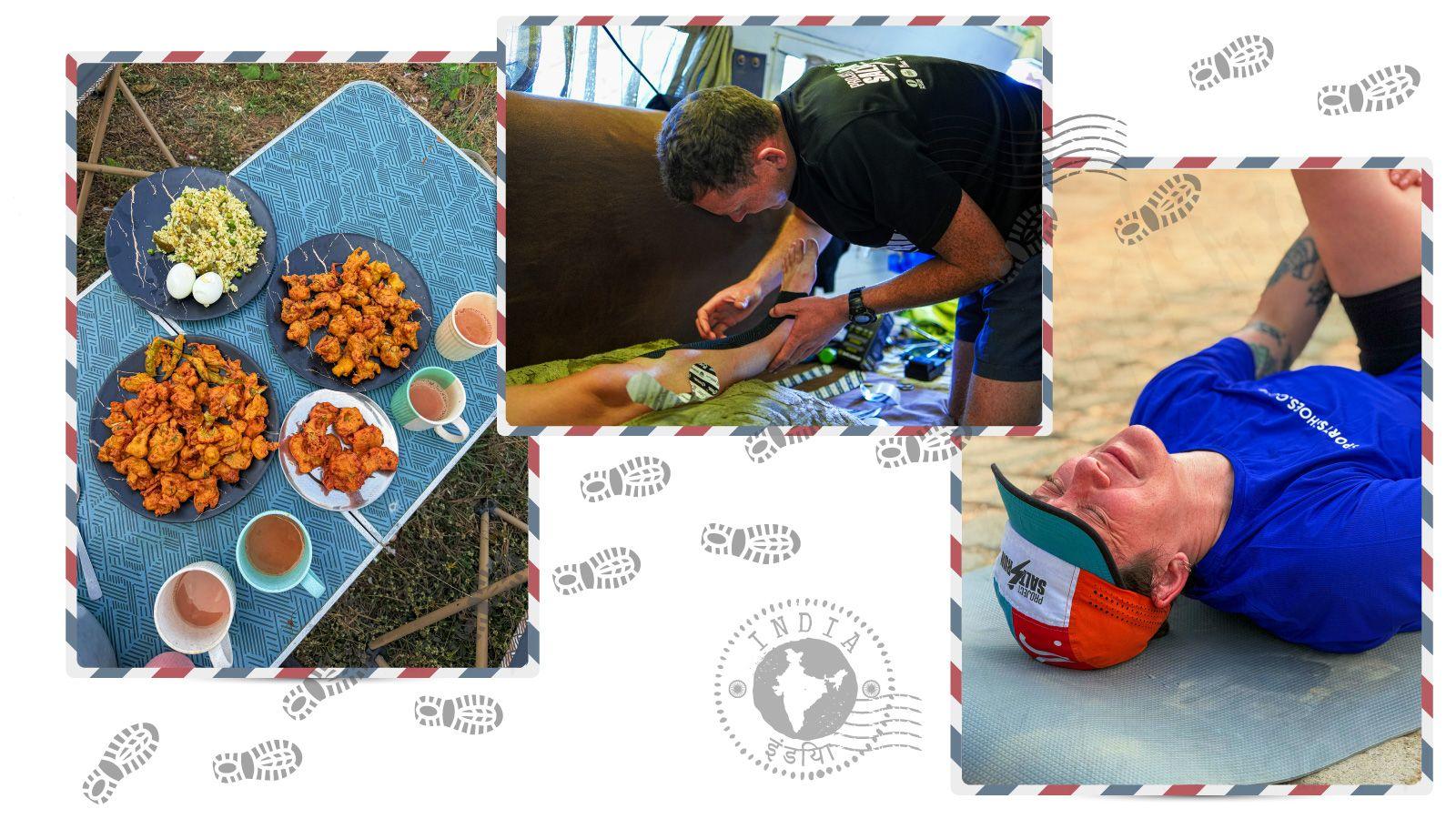 A table of curry, eggs and drinks, Hannah receiving treatment 