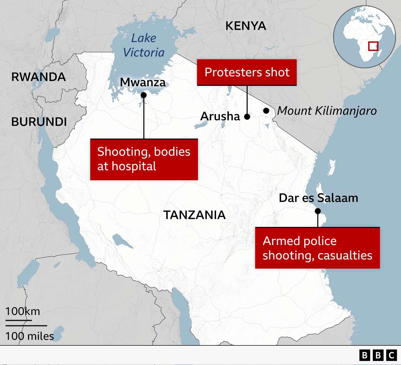 Map of Tanzania showing cities of Dar es Salaam, Mwanza and Arusha - with annotations explaining where shooting and casualties identified