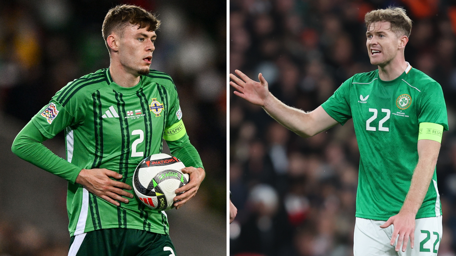 Northern Ireland's Conor Bradley and Nathan Collins of Republic of Ireland