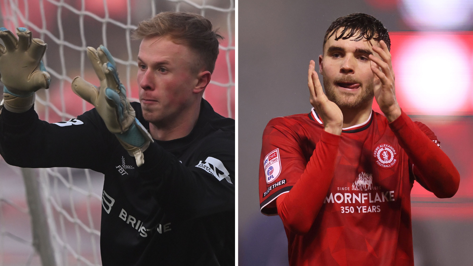 Crewe's on-loan pair Aston Villa goalkeeper Filip Marschall (left) and Bolton midfielder Max Conway