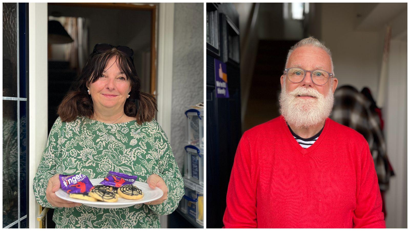 A composite of two images. On the left is a woman in a green and white top holding a plate of biscuits. On the right a man with a white beard in a red jumper 