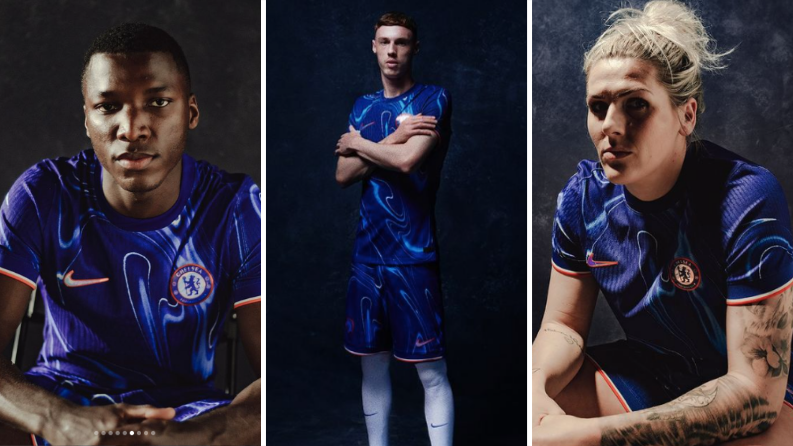 Moises Caicedo, Cole Palmer and Millie Bright model new Chelsea home kit.