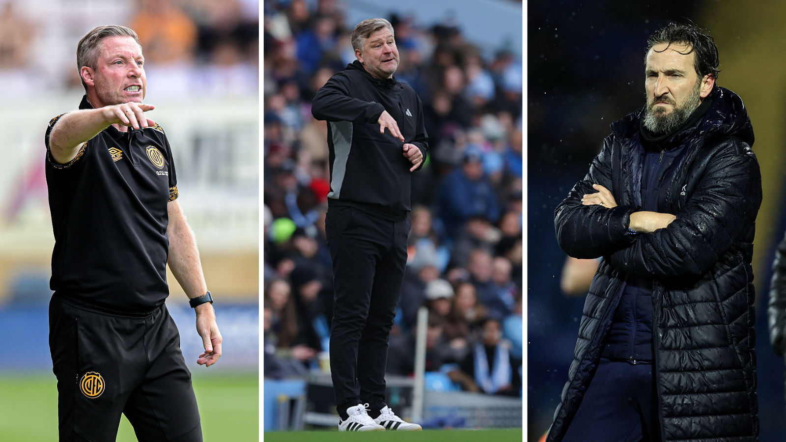 Side by side images of Neil Harris, Karl Robinson and Martin Paterson all watching their respective teams from the touchline during a game