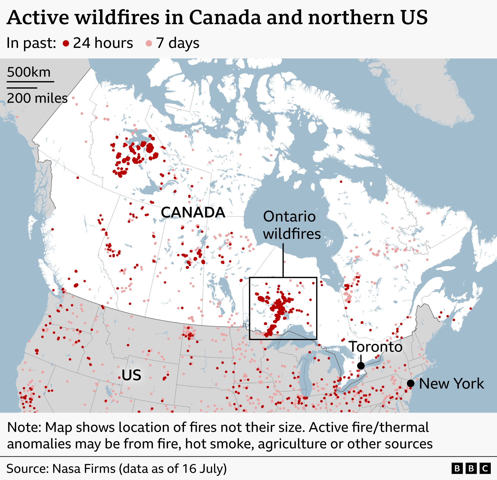 Map of active wildfires across Canada and the northern US. Red dots mark fires detected in the past 24 hours and pink dots show detections from the past seven days. The largest concentration is in northwestern Ontario, highlighted in an inset box, with additional clusters across western and central Canada. Toronto and New York are labelled for reference.