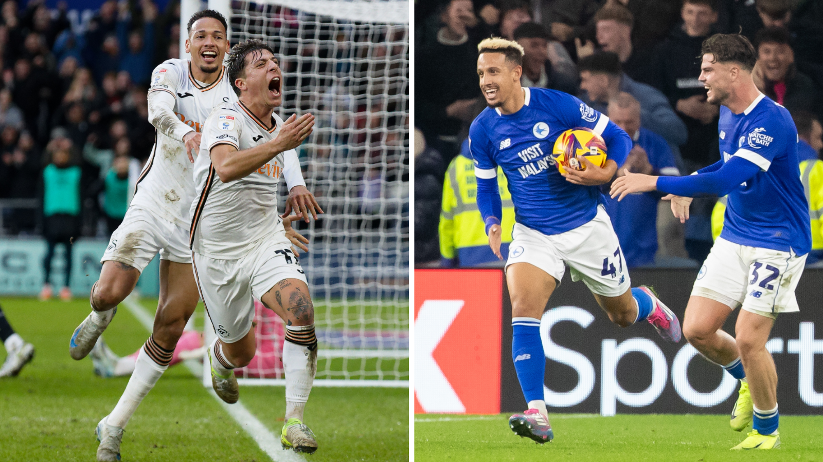 Swansea City's Goncalo Franko celebrates scoring a goal (left), and Callum Robinson of Cardiff City celebrates scoring an equaliser against Norwich City (right). 