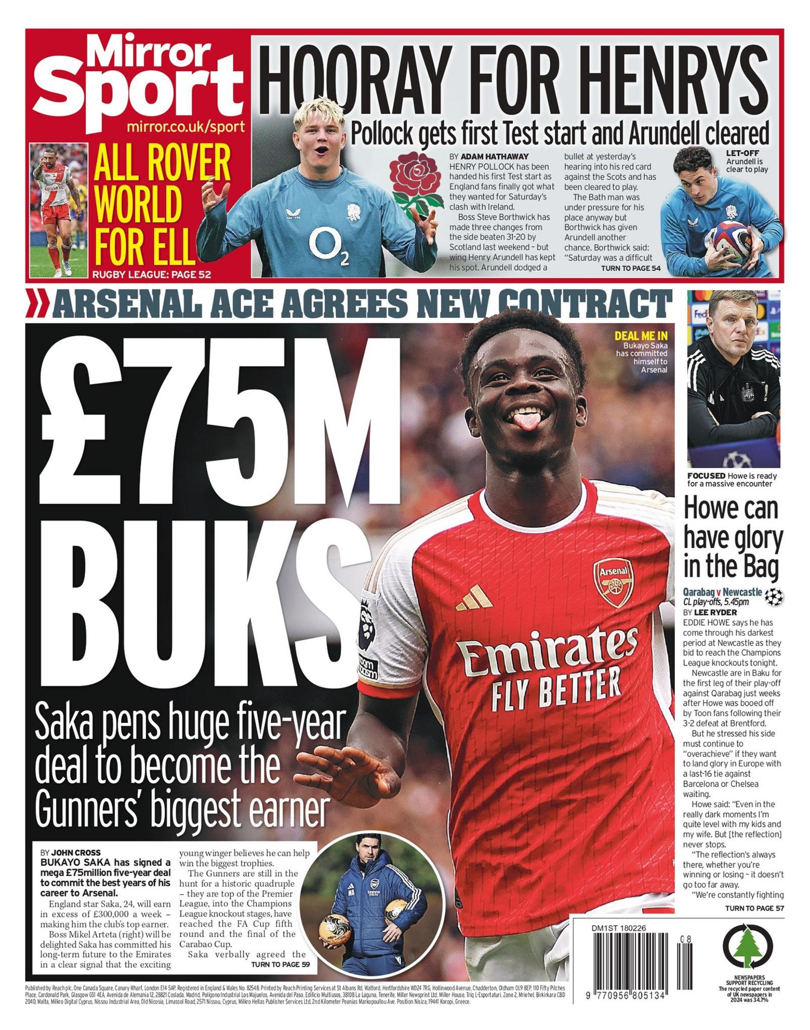Back page of the Daily Mirror on 18 February 2026