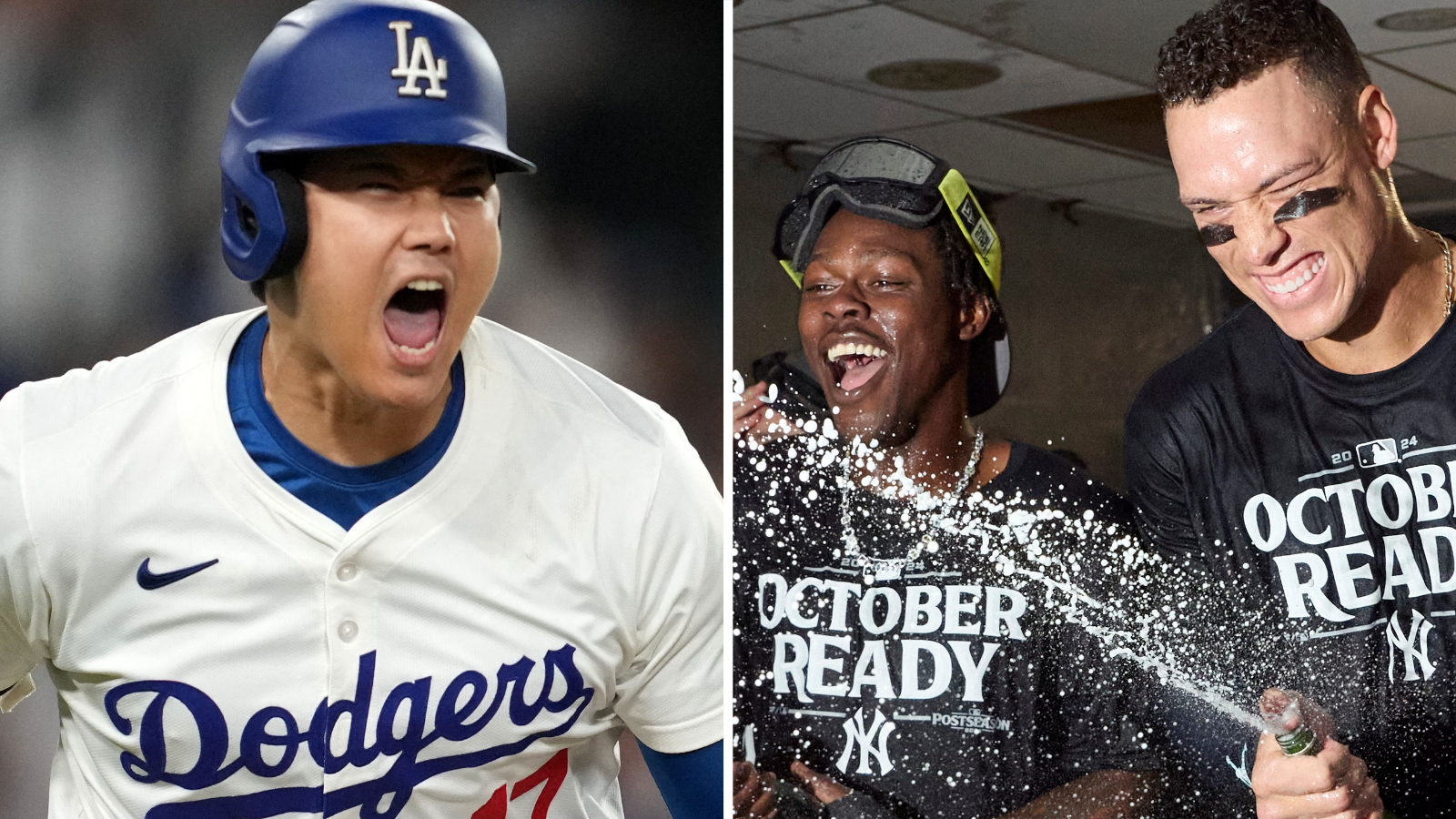 Split image of Shohei Ohtani celebrating and Aaron Judge spraying champagne