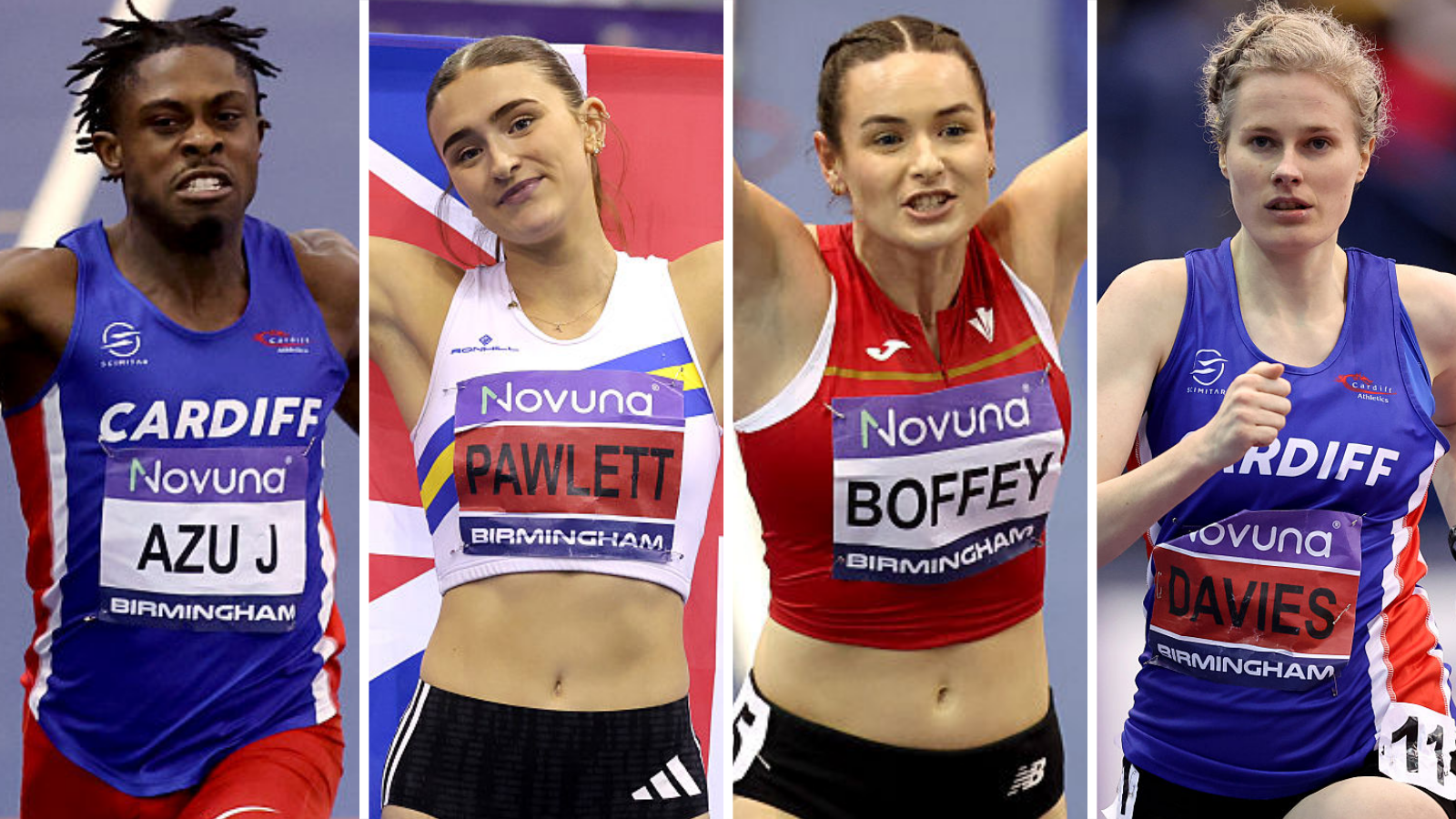 Jeremiah Azu, Abigail Pawlett, Isablle Boffey and Bethan Davies competing at the UK Athletics Indoor Championships at Utilita Arena Birmingham 