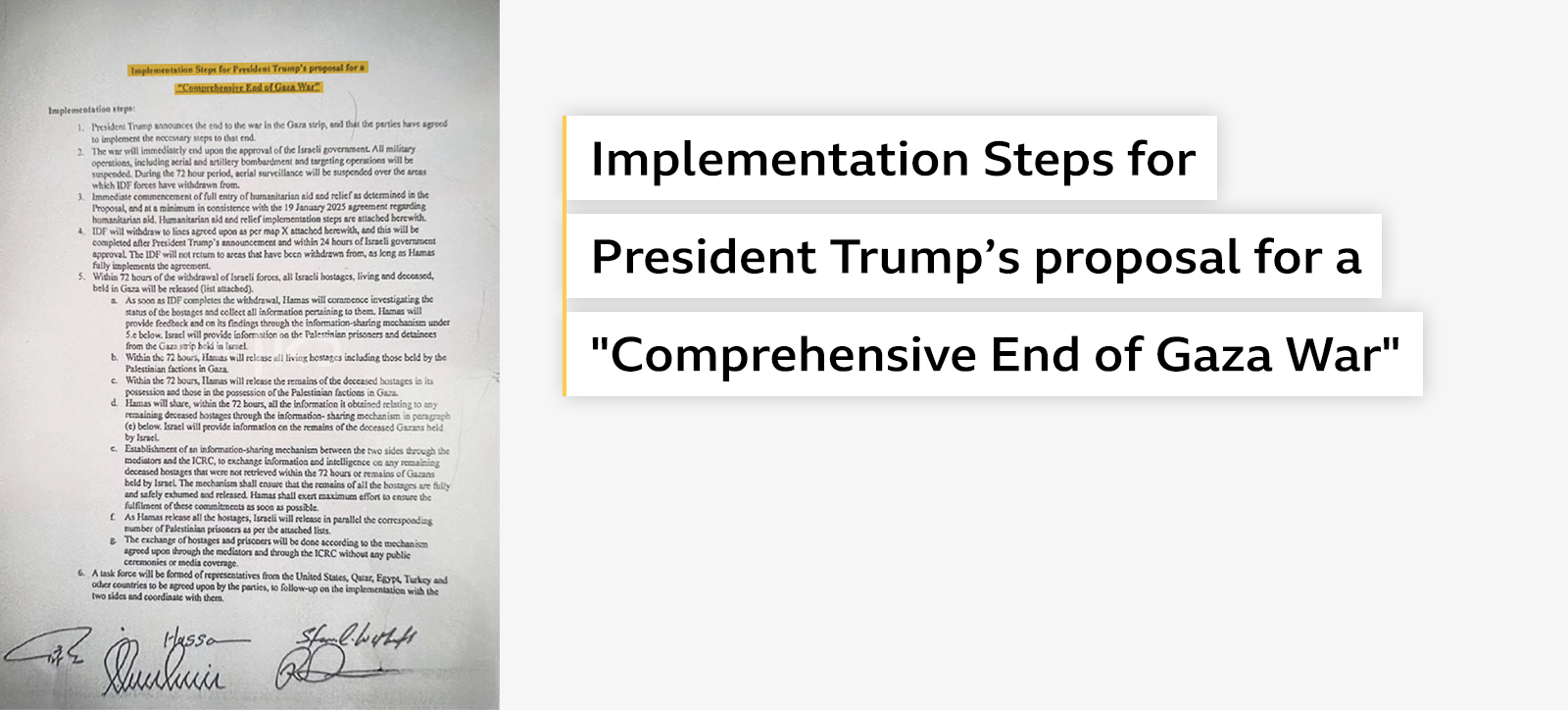 Graphic showing a printed document with the title highlighted. The adjacent text shows the highlighted words: Implementation Steps for President Trump’s proposal for a “Comprehensive End of Gaza War”.