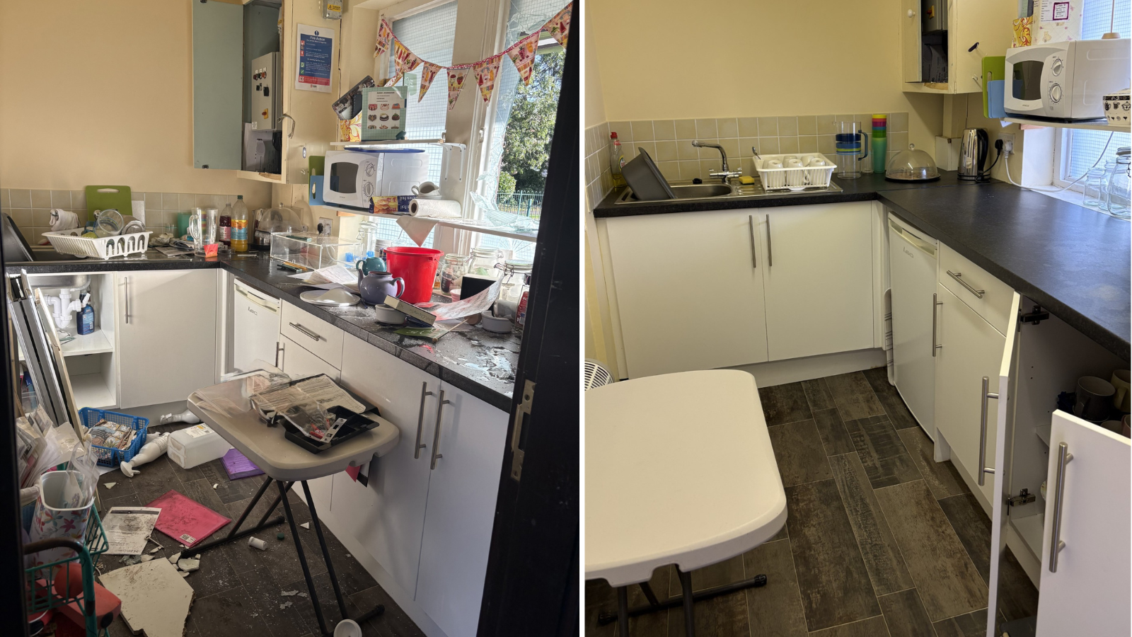 A before and after side-by-side shot of Glen Gardens community kiosk. On the left, the small kitchen area is covered with mess; cupboards open, crockery and paper across surfaces and on the floor. On the right, the same space is tidy and clean.