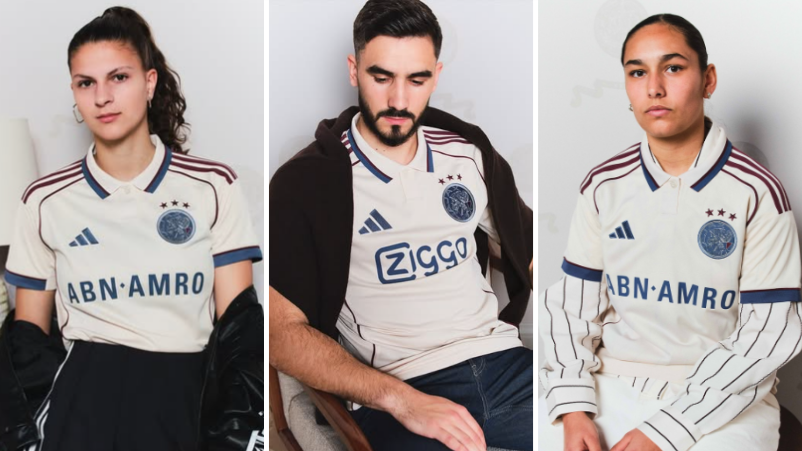 Danique Maria Noordman (left), Josip Šutalo (middle) and Daliyah de Klonia (right) model new Ajax third kit.