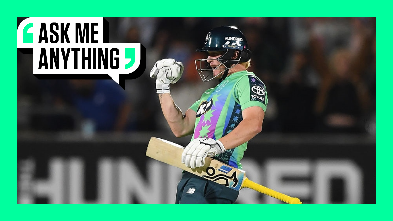 Jordan Cox of Oval Invincibles fist pumps holding a cricket bat