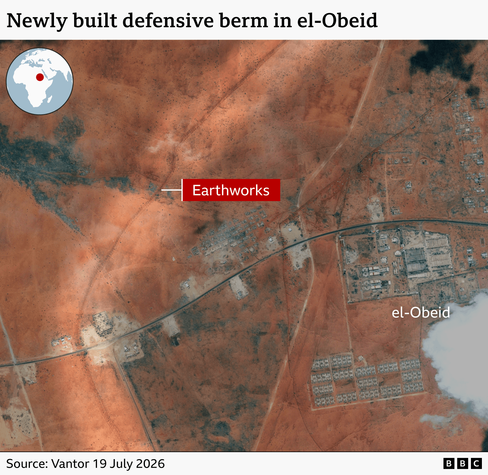 A satellite image showing a defensive earth berm around the periphery of el-Obeid.
