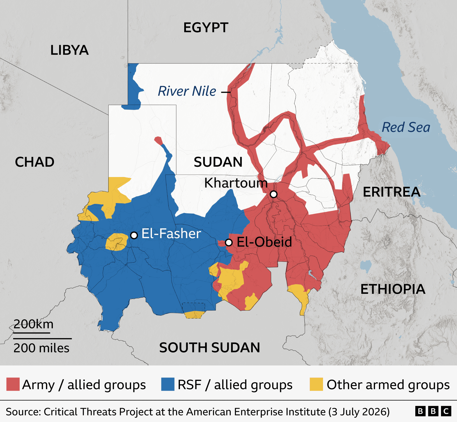 A map of Sudan showing about half of the inhabited area under RSF control, in the west, and the rest under army control in the east. There are also pockets of areas controlled by other armed groups on both sides.
