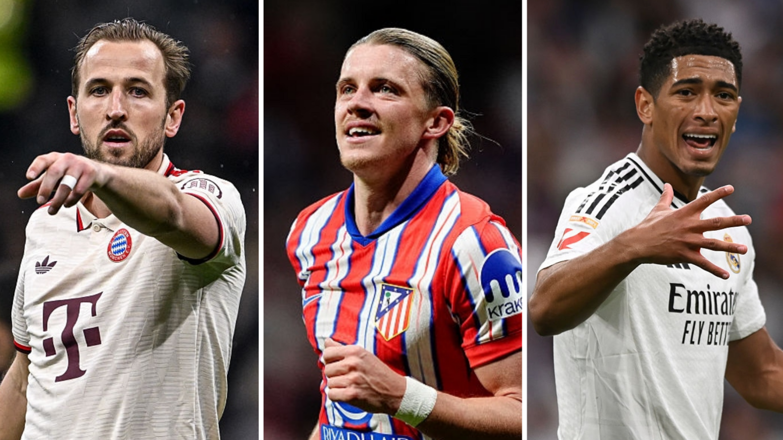 England internationals Harry Kane (left), Conor Gallagher (centre) and Jude Bellingham will be in action for Bayern Munich, Atletico Madrid and Real Madrid respectively