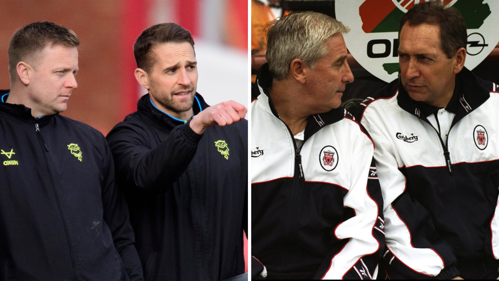 Split image of Tom Shaw and Chris Cohen at Lincoln and, to the right, one of Roy Evans and Gerard Houllier when they worked together as joint-bosses of Liverpool
