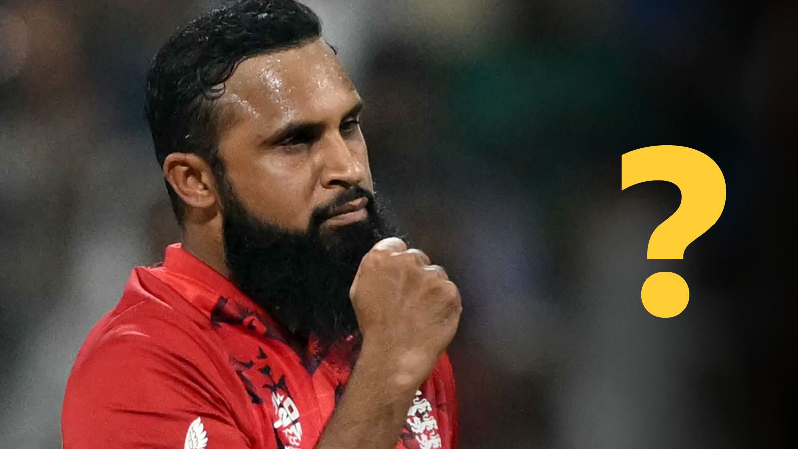 Adil Rashid celebrating next to a question mark