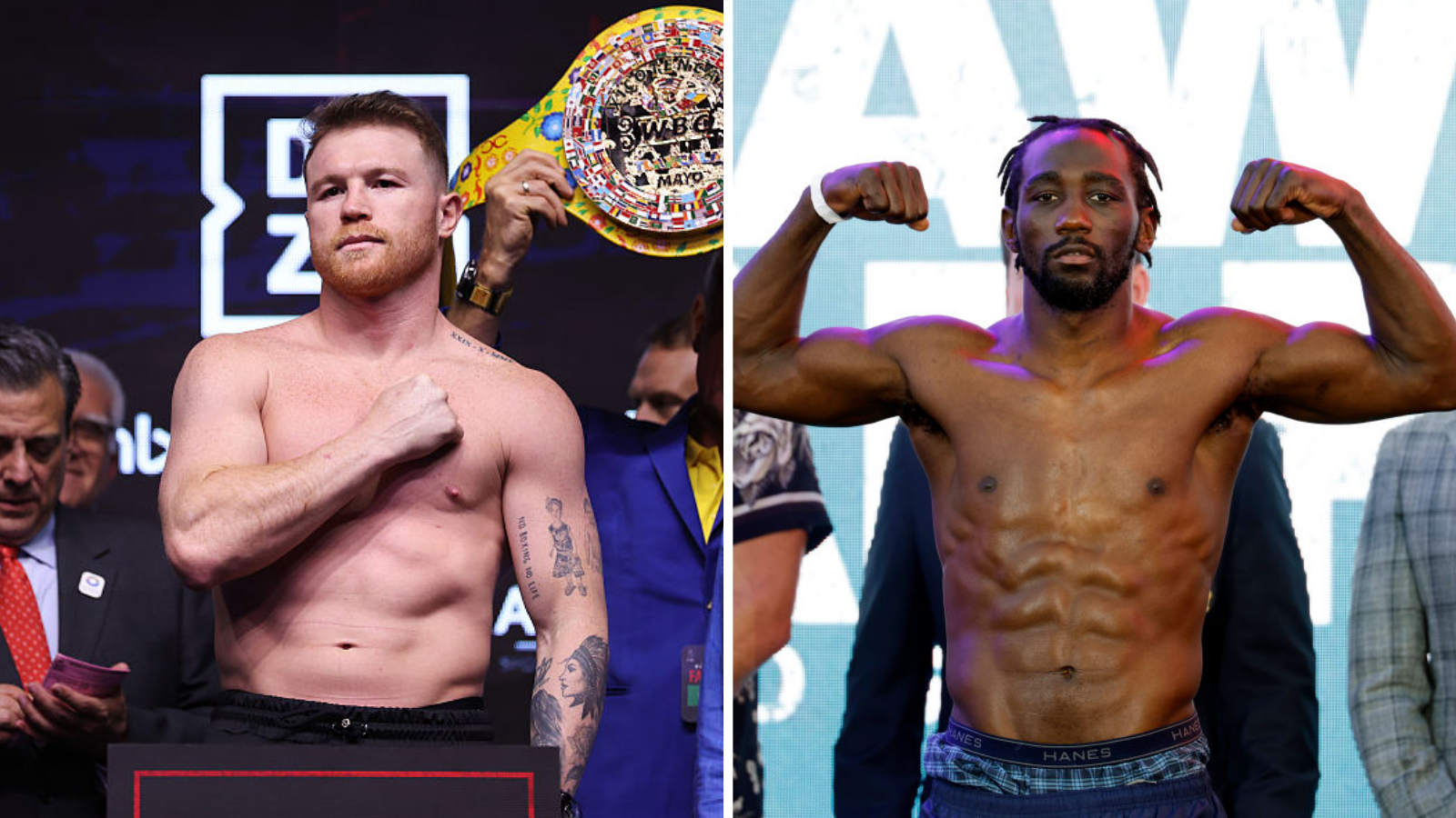Split image of Saul 'Canelo' Alvarez weighing in and Terence Crawford at a weigh-in flexing his muscles
