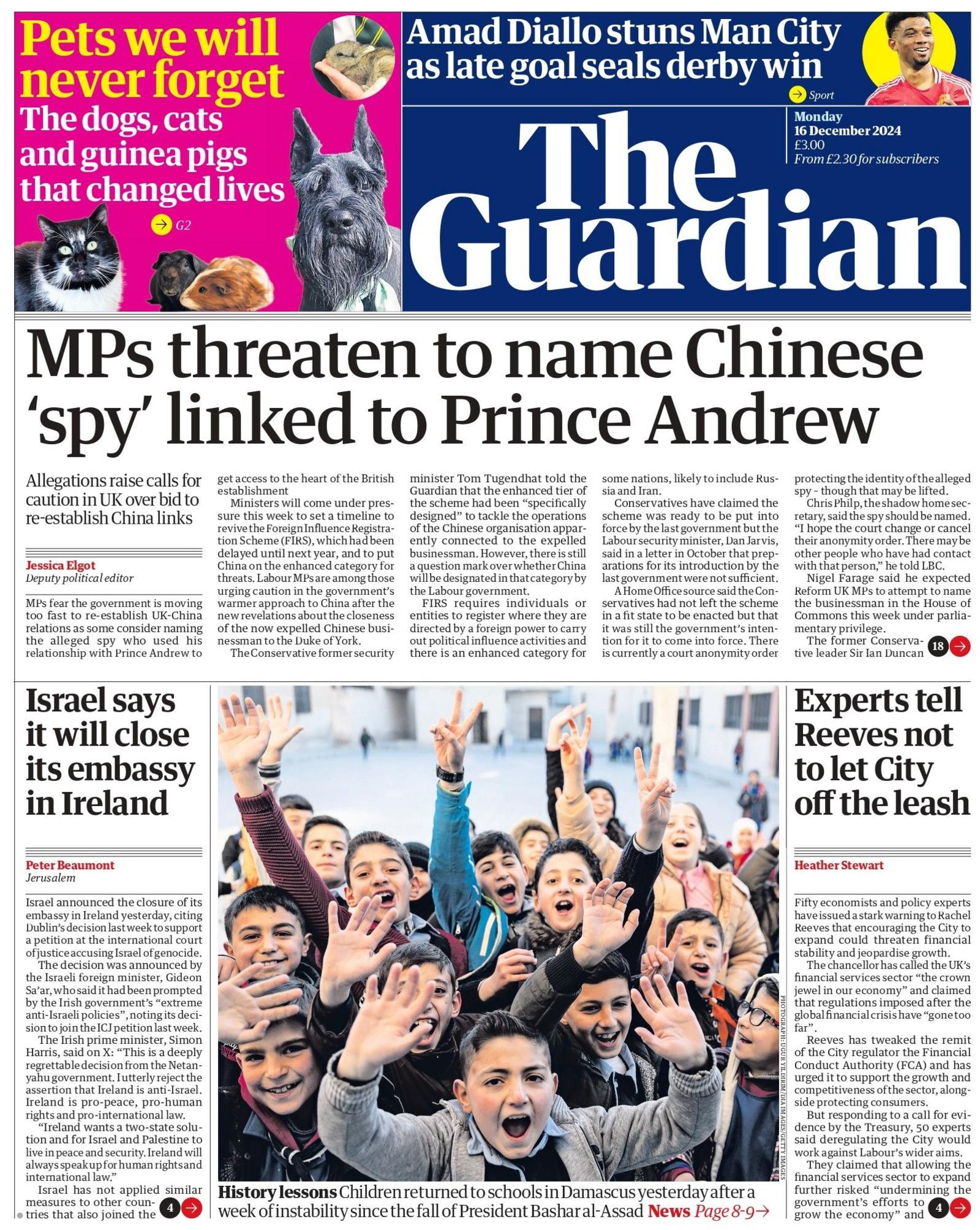 The Guardian front page, which is headlined with "MPs threaten to name Chinese 'spy' linked to Prince Andrew. 