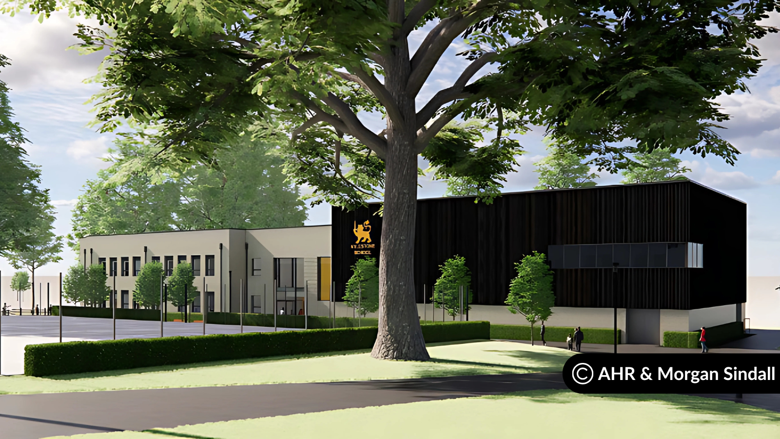 An artist's impression showing a long, low building set amongst grassy patches and trees. The building is a grey/brown colour, although part of it is black. A gold logo including a crest of a lion above the words Aylestone School in yellow capital letters is on the front.