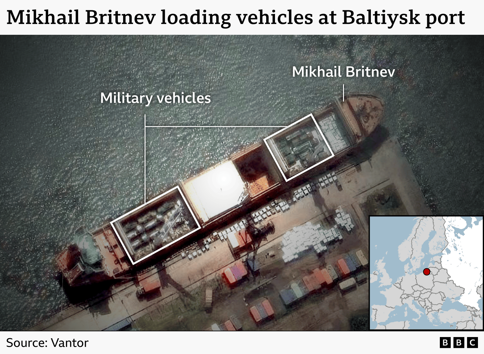 Military vehicles being loaded onto the Mikhail Britnev in Russia's Baltiysk port. 