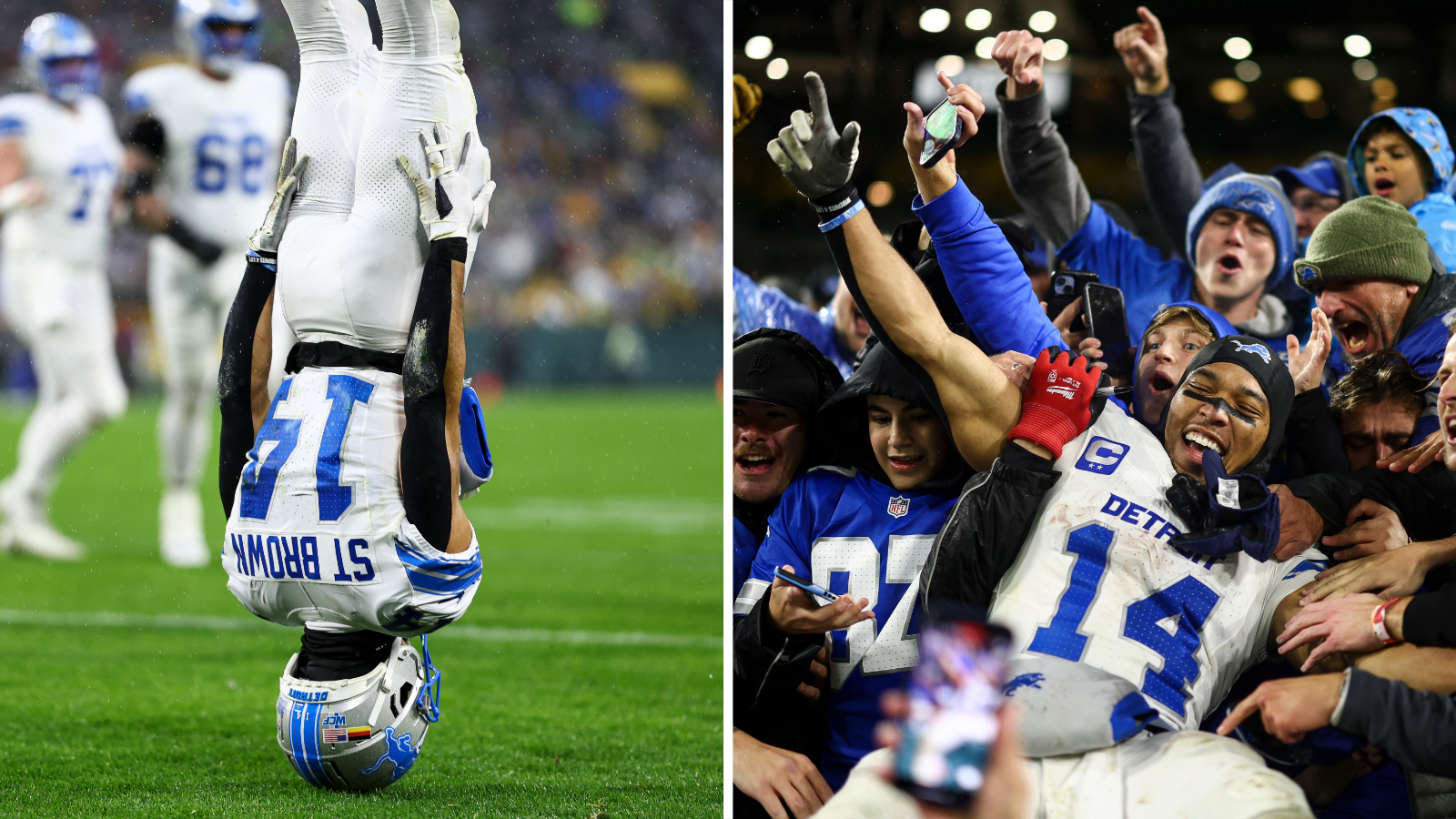 Amon-Ra St Brown of the Detroit Lions celebrates with a headstand and jumping into the crowd in Green Bay