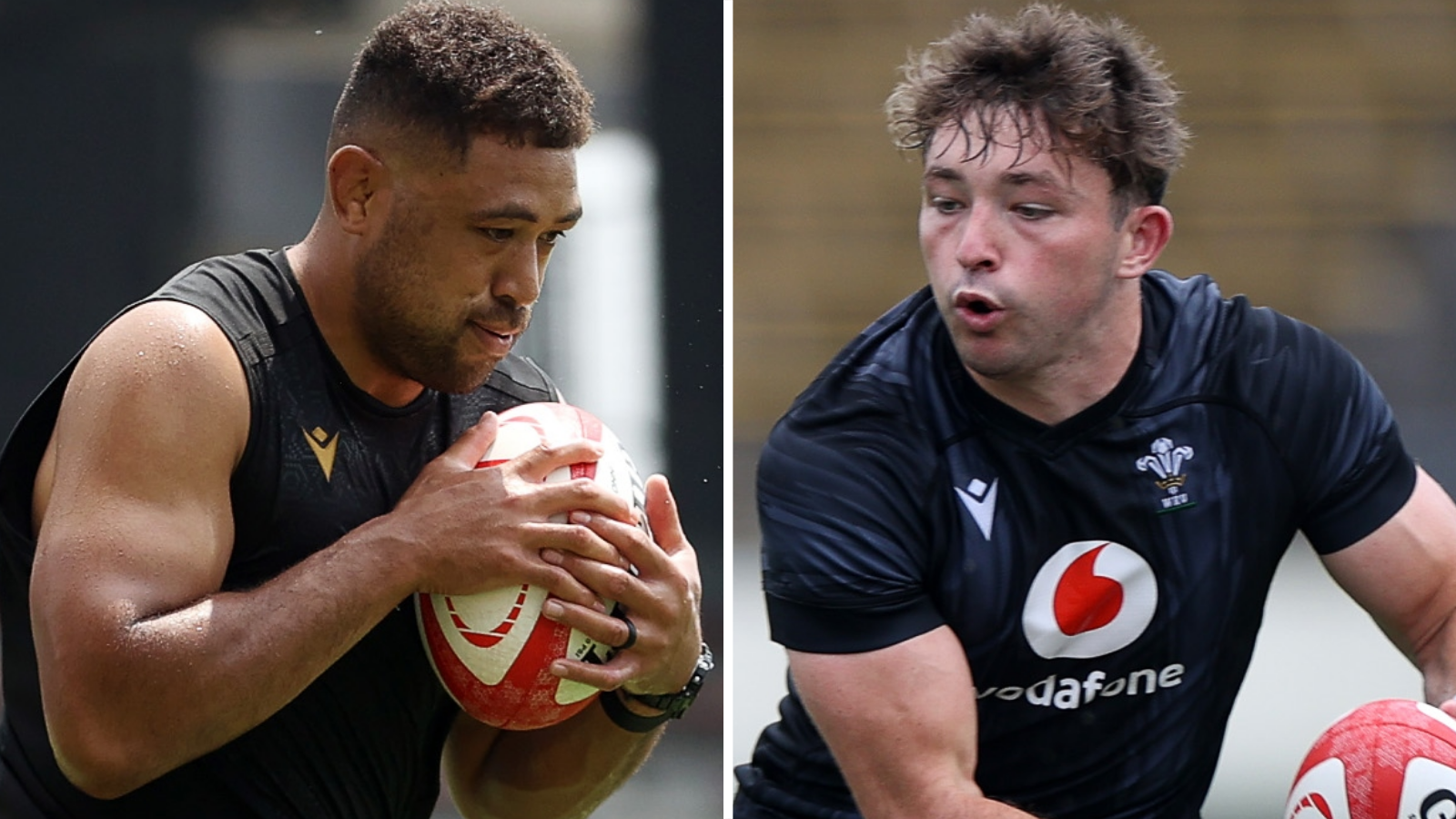 Images of Taulupe Faletau and Dan Edwards - both carry the ball during Wales training in Japan.