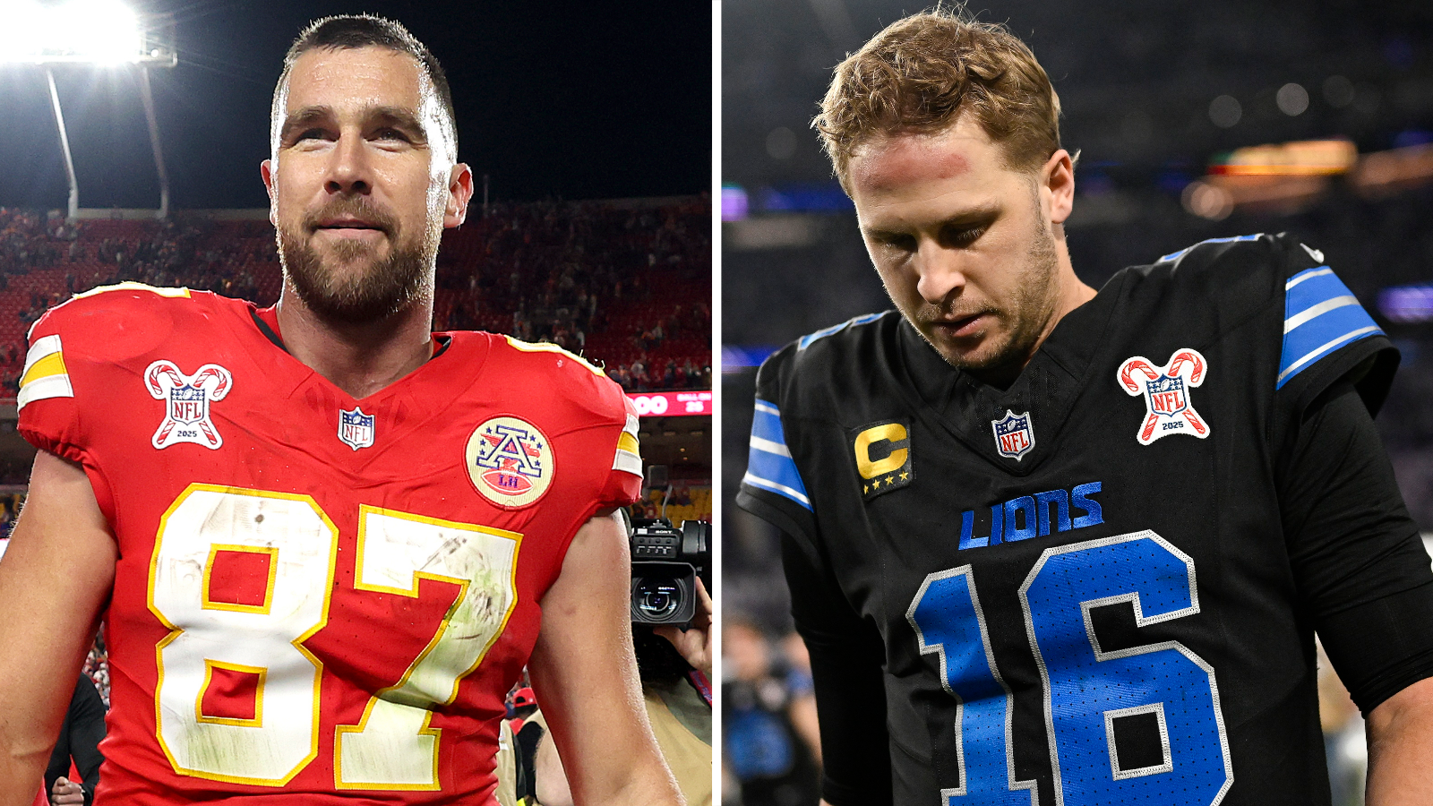 Travis Kelce of the Kansas City Chiefs after losing to the Denver Broncos and Jared Goff of the Detroit Lions after they lost to Minnesota