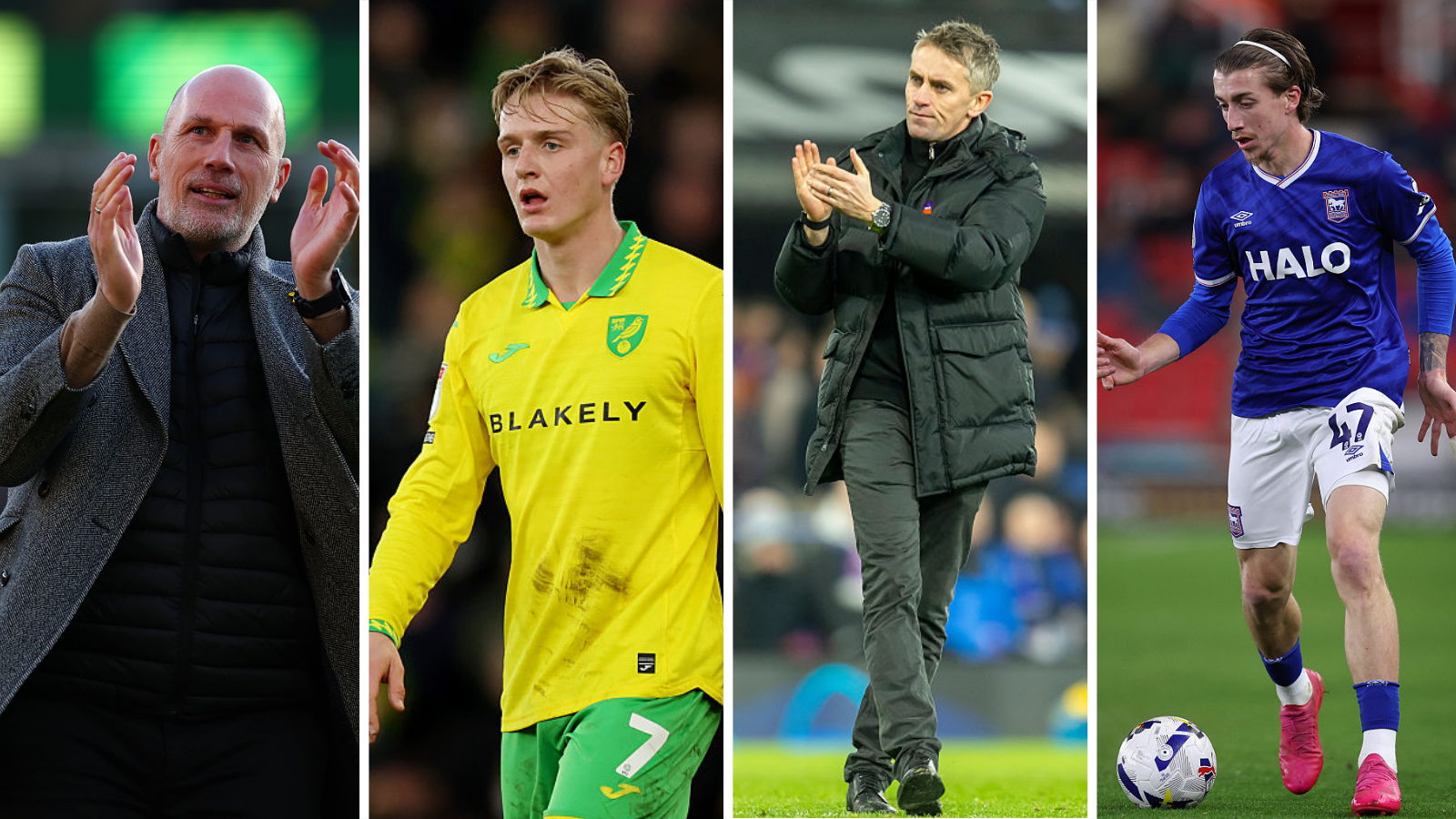 Side-by-side images of Norwich boss Philippe Clement, midfielder Pelle Mattsson, Ipswich boss Kieran McKenna and top-scorer Jack Clarke