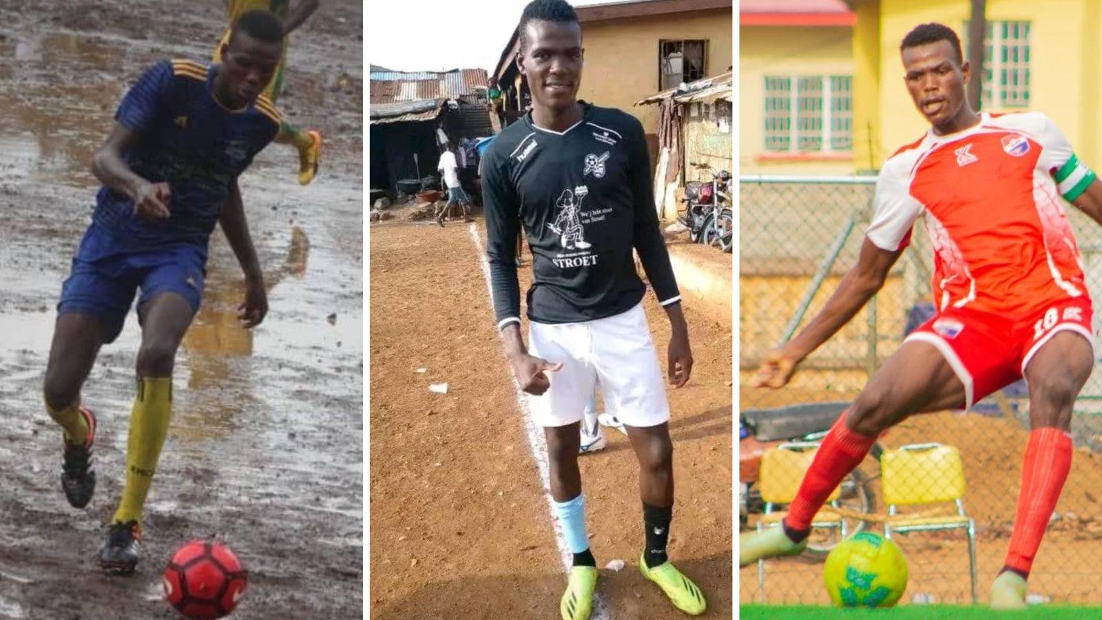 A triptych showing Juma Bah playing football games in Sierra Leone, one on a muddy pitch, one on a dusty pitch in front of ramshackle buildings and one on artificial turf.