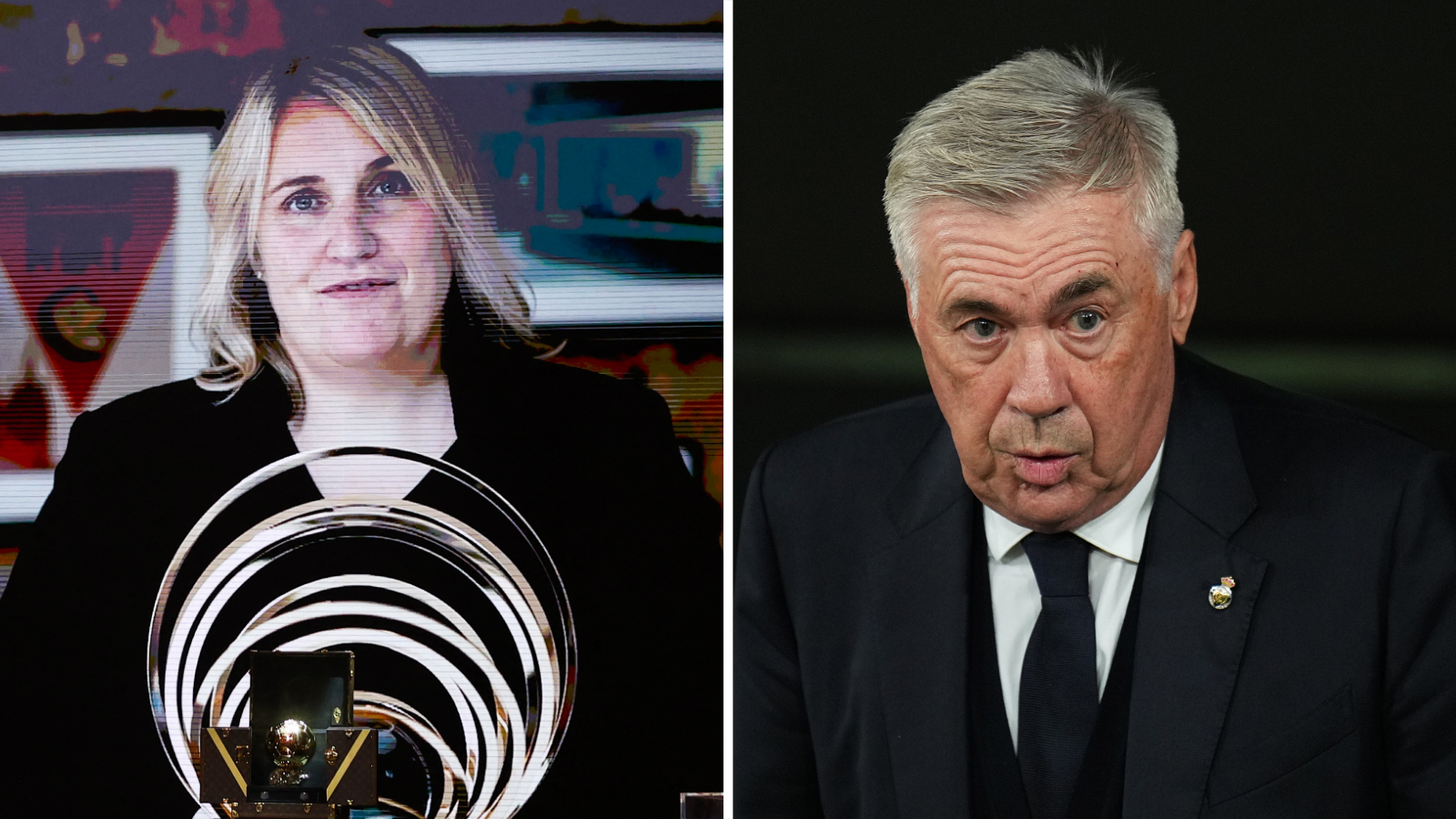 A split picture of Ballon d'Or winners Emma Hayes and Carlo Ancelotti