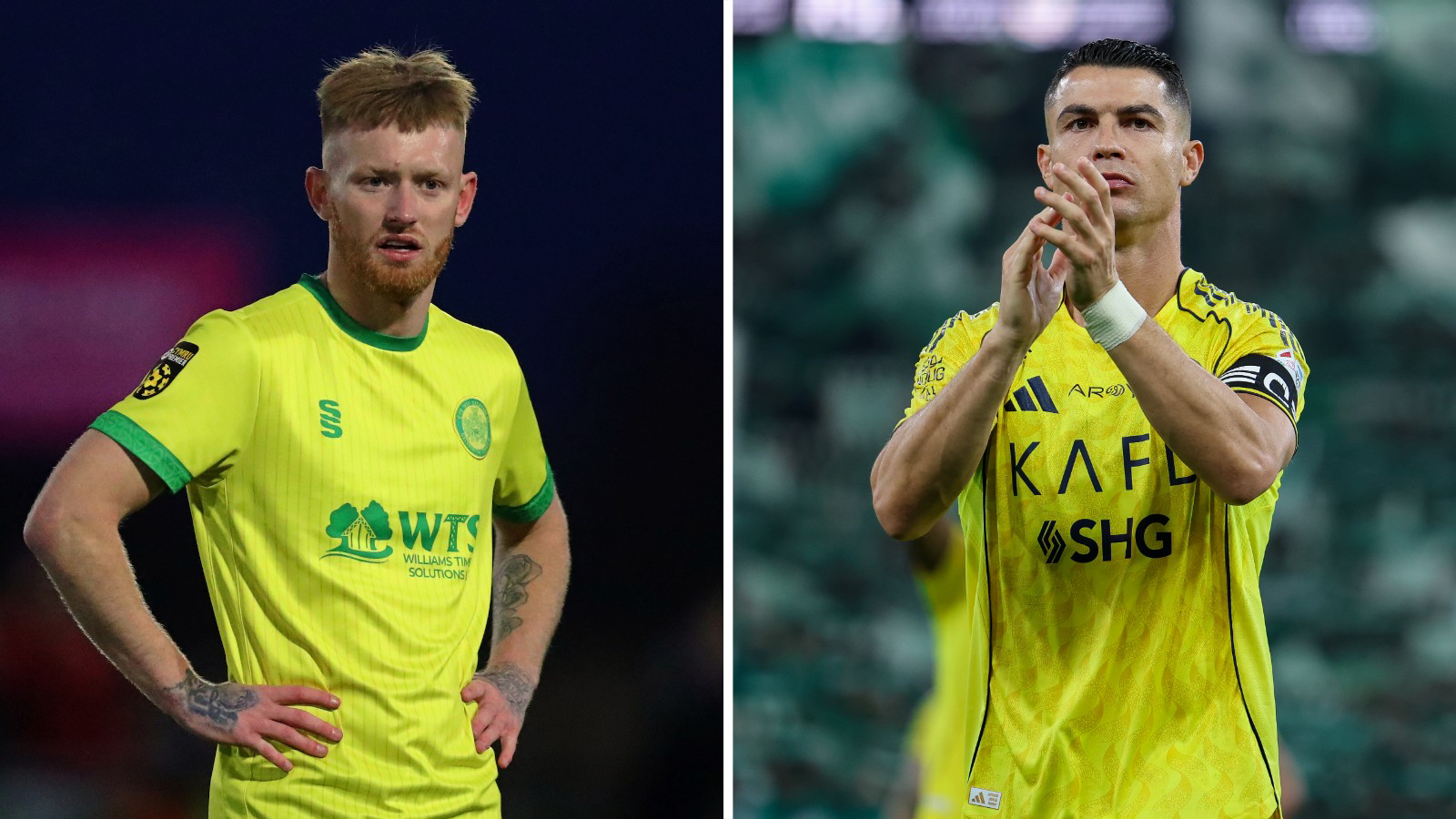 Caernarfon Town's Brad Young (left) and Al-Nassr's Cristiano Ronaldo (right)