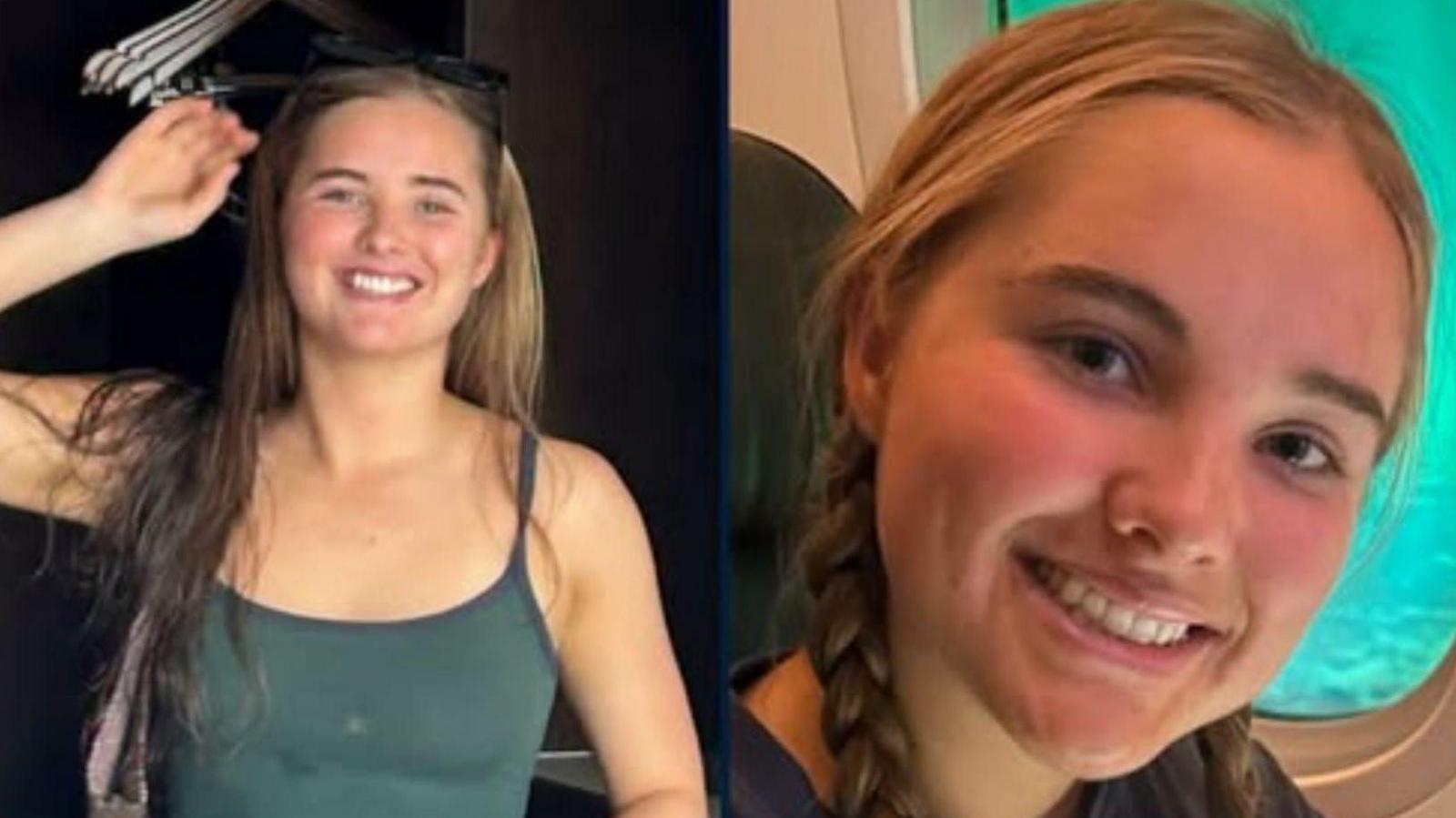 A blonde woman in a green singlet is pictured in the left. On the right, the same woman is seen sitting on a plane, with her hair in two plaits.
