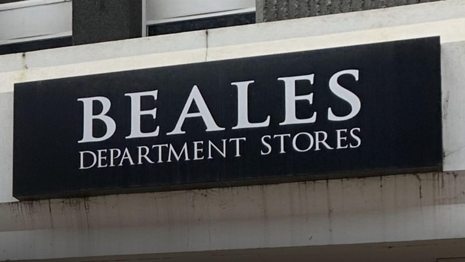 The black and white Beales shop sign.