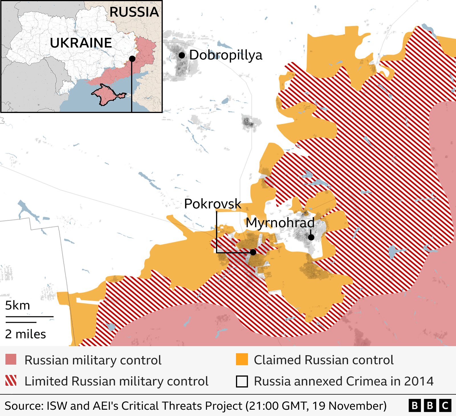 A map of Pokrovsk and Myrnohard in eastern Ukraine. The map shows that the city is almost surrounded by an areas with "limited Russian control" and a large area to the south east where there is "claimed Russian control".