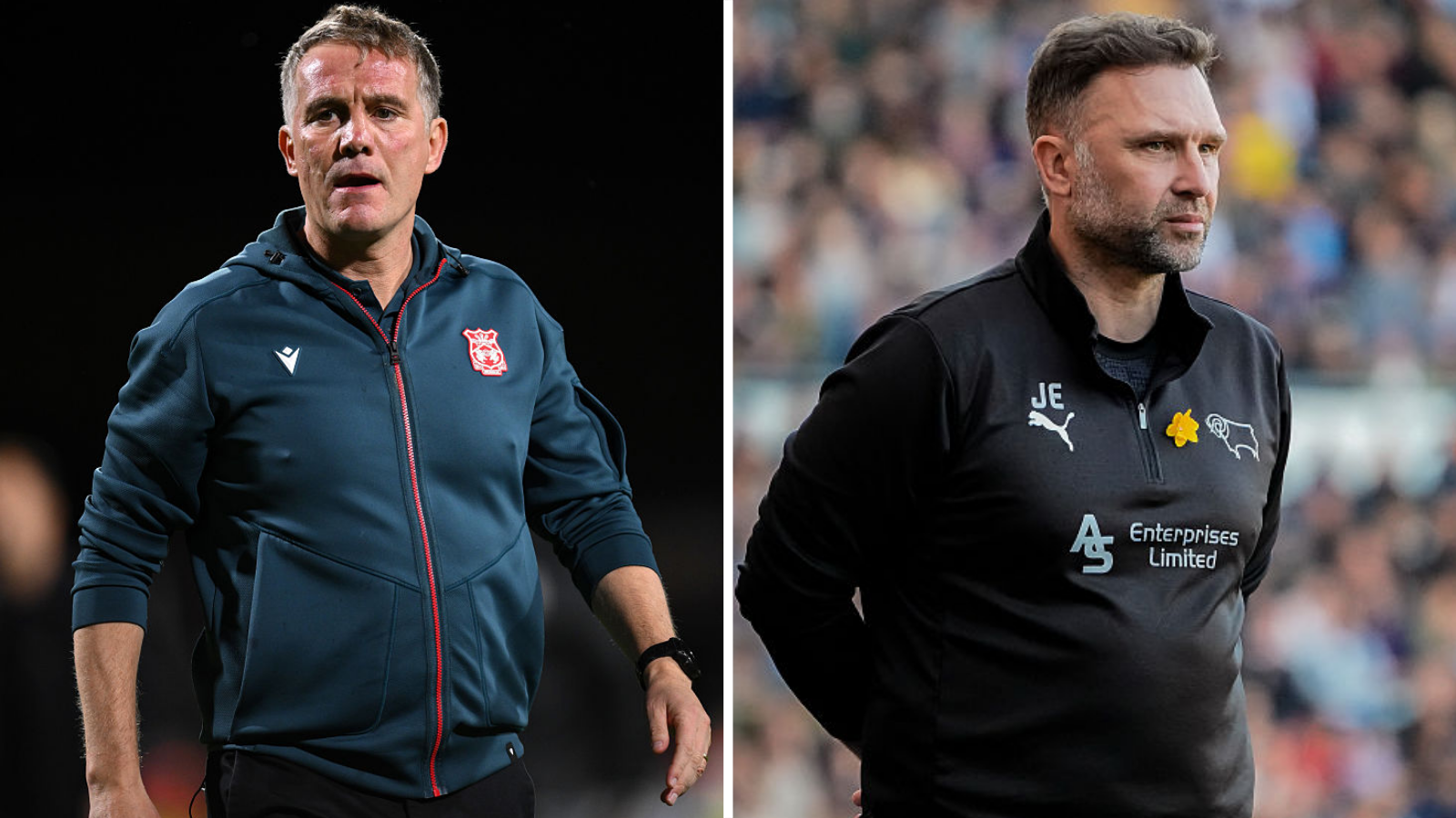 A side by side image of Phil Parkinson in a blue Wrexham tracksuit top and John Eustace in a black Derby County training top