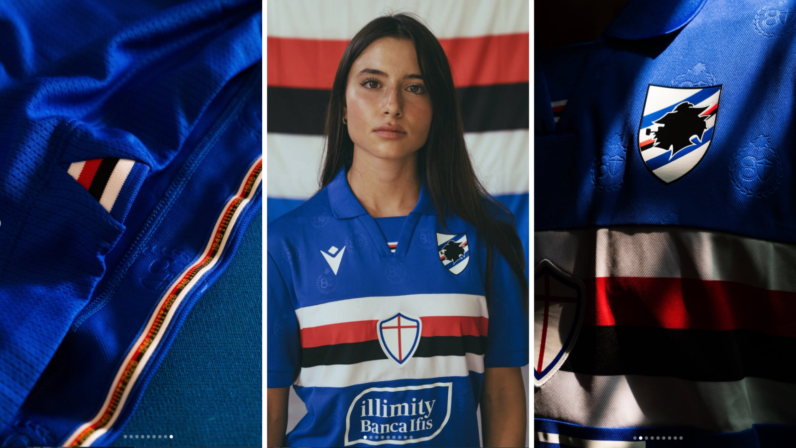 Model wears Sampdoria 2026-27 home shirt