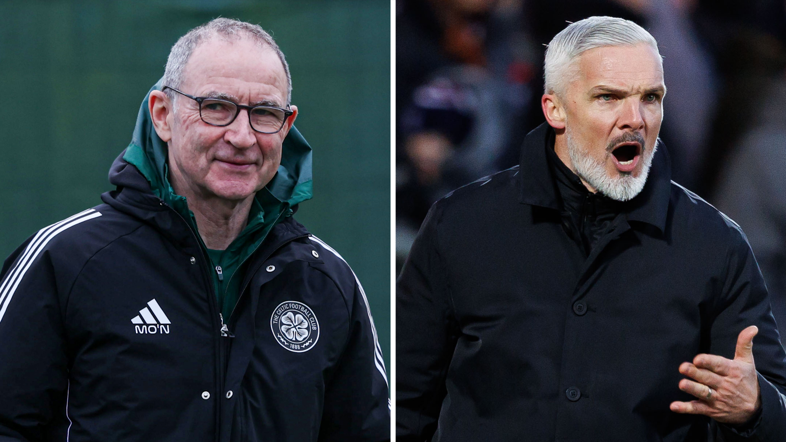 Celtic interim manager Martin O'Neill in team training and Dundee United boss Jim Goodwin shouts from the touchline