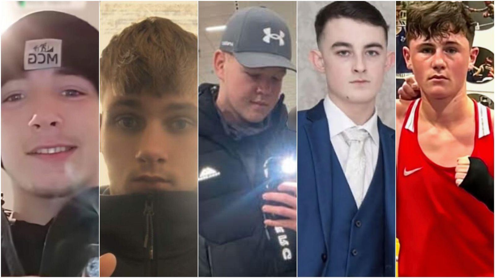 A composite image of five young men. Some of them have taken selfies other are pictures that have been taken of them.