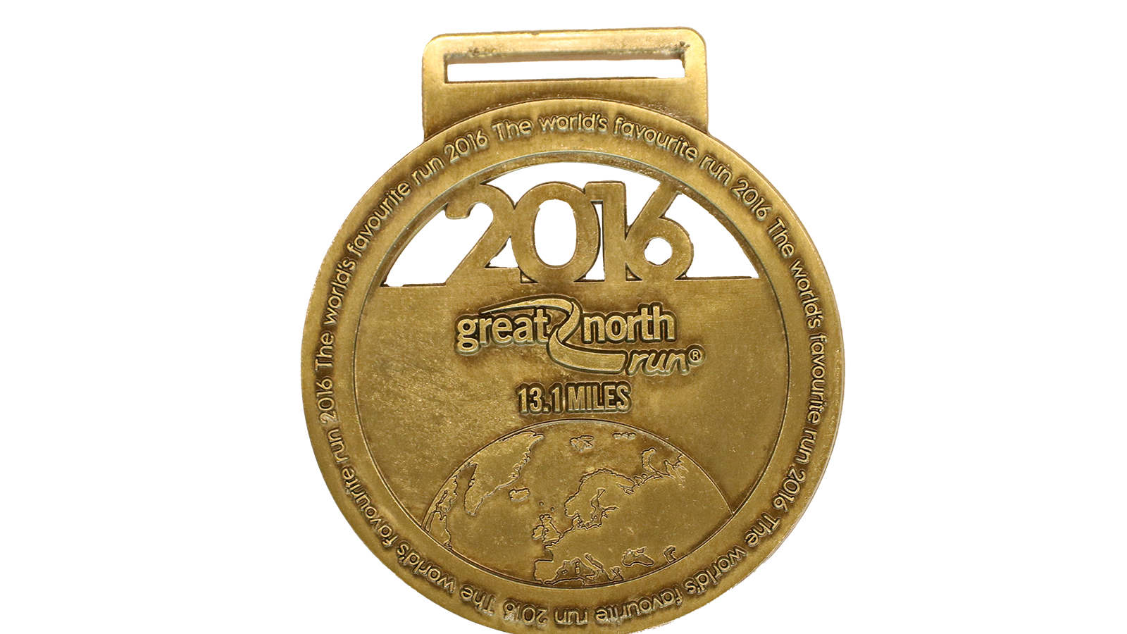 A gold circular medal that has 2016 standing out and a picture of a globe. It reads great North Run 13.1 miles.