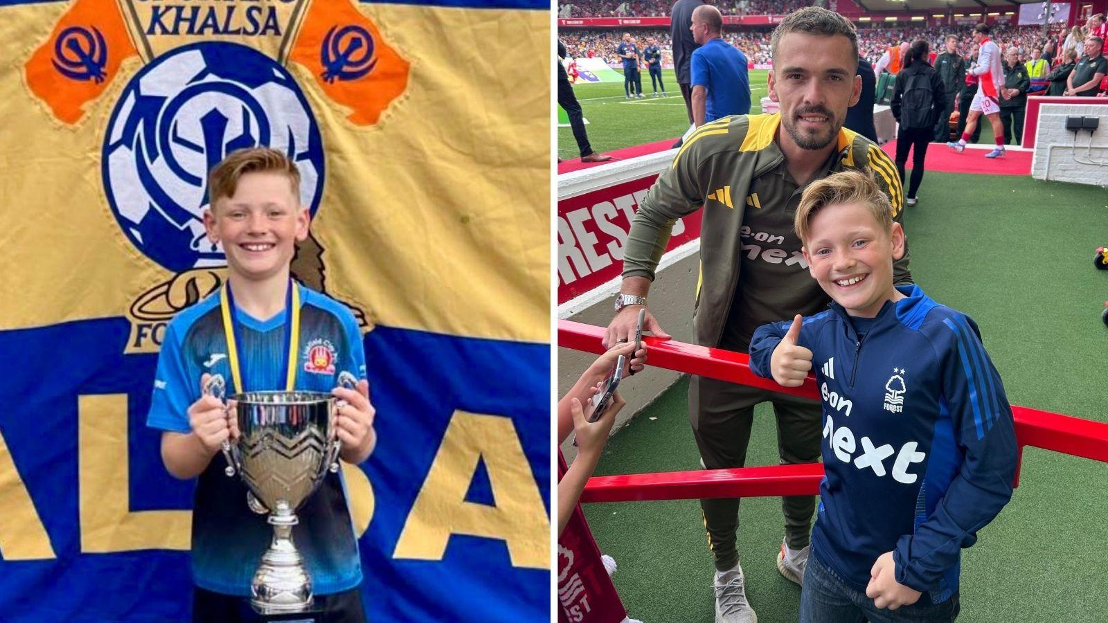 Alfie Harrison with a trophy, left, and at the City Ground with Nottingham Forest player Harry Toffolo