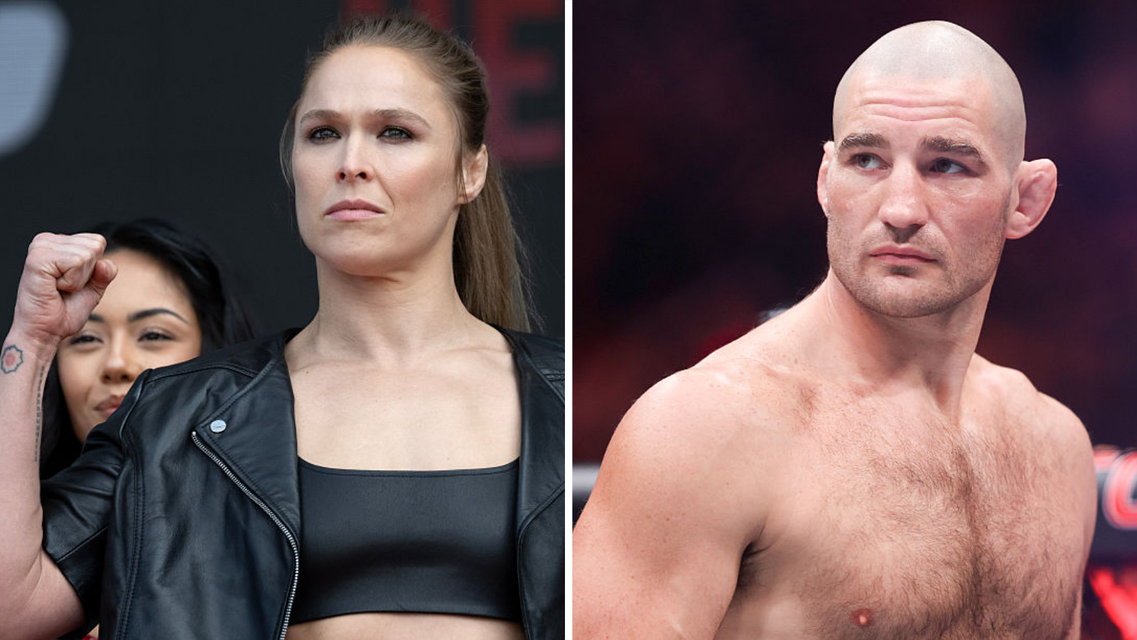 Ronda Rousey holds up her fist and is next to a shirtless Sean Strickland
