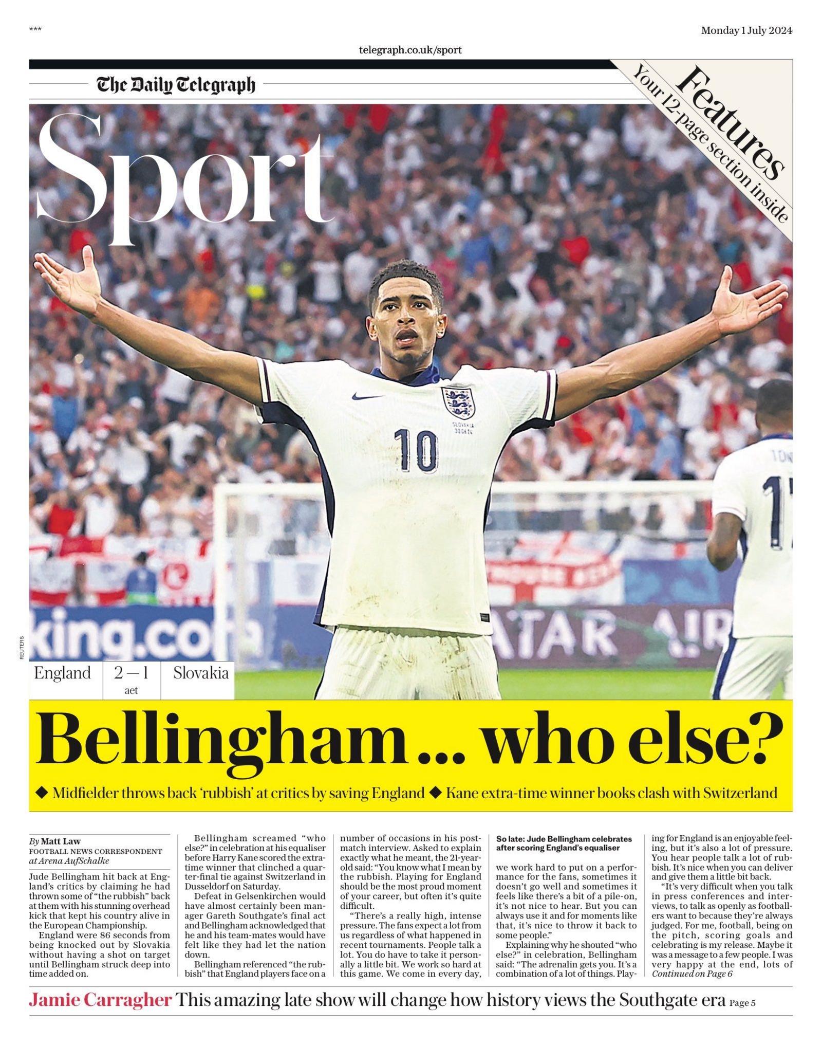 Front of the Daily Telegraph sports section