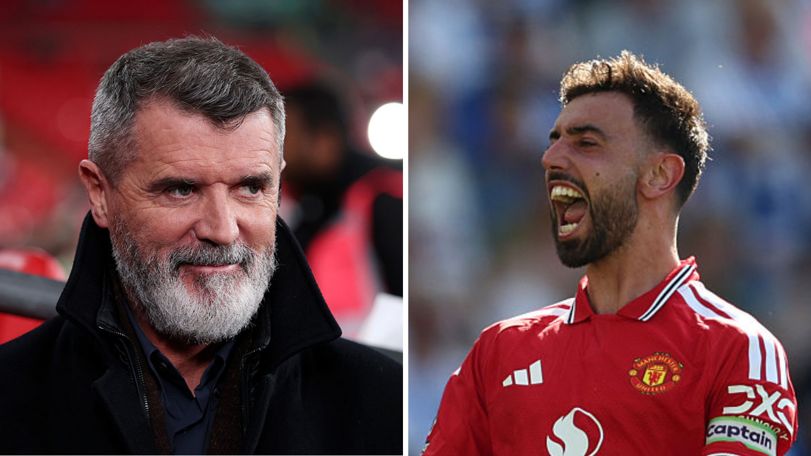 Split image of Roy Keane (left), bearded and wearing a black coat, and Bruno Fernandes (right), wearing a red Man United shirt and with his mouth open in celebration