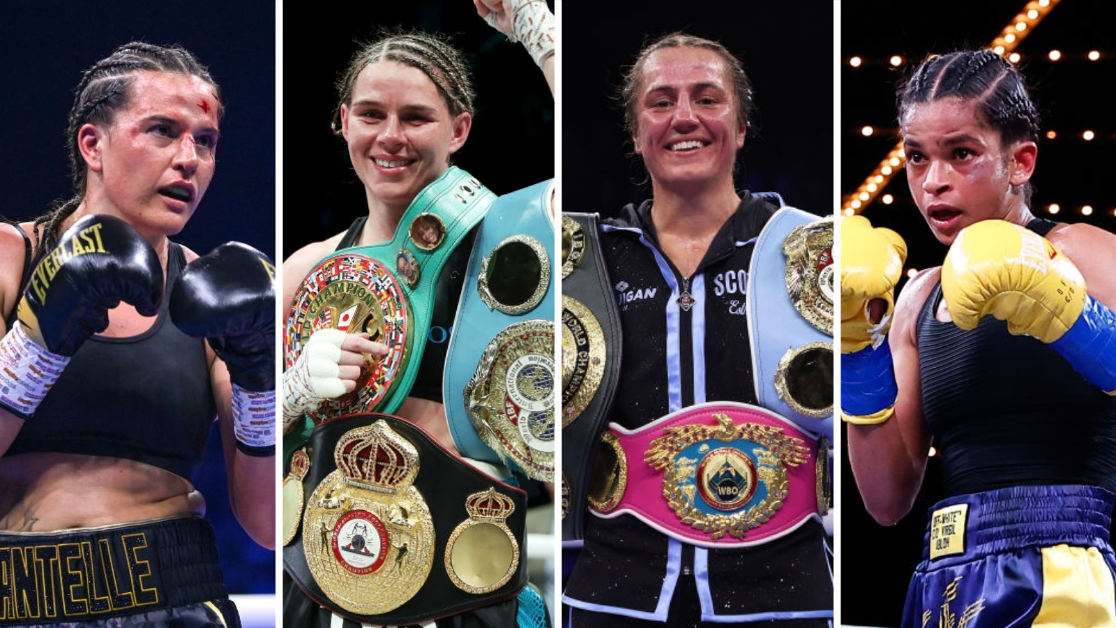 Split image of Chantelle Cameron in the ring, Savannah Marshall with her world titles, Ellie Scotney with her world titles and Ramla Ali in the ring