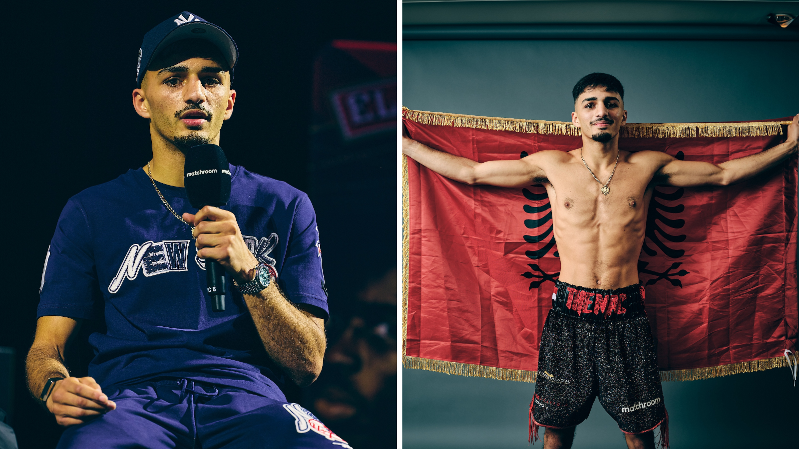 Split image of Adam Maca speaking at a news conference, and posing with his arms crossed for pictures in his boxing shorts and Albanian flag