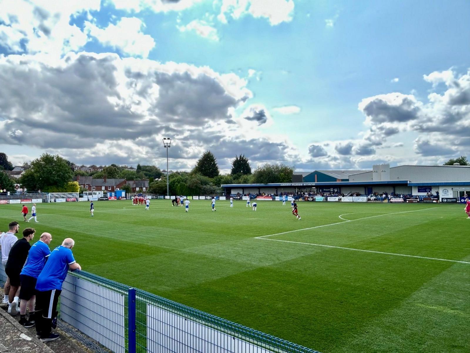 Several men in Halesowen lean on a railing next to a green football pitch with white lines marking out the pitch. Several players can be seen in the distance.