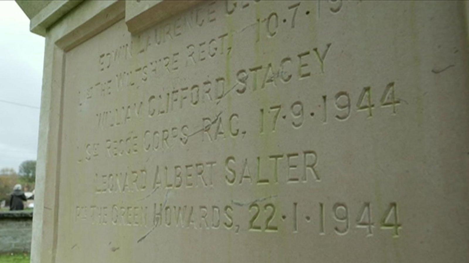 A close up image of three names newly engraved on a memorial. They read, from top to bottom:
"Edwin Laurence - Wiltshire Regt" - the surname and date is obscured
"William Clifford Stacey - Recce Corps, RAC, 17.9.1944" 
"Leonard Albert Salter - The Green Howards, 22.1.1944"
