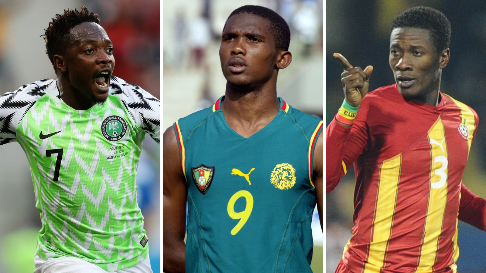 A composite triptych showing three footballers, all visible from waist up, in action for their country. On the left is Ahmed Musa in the neon green Nigeria home shirt worn at the 2018 World Cup in Russia. The design includes white chevrons on the green chest and black chevrons on the white sleeves. Musa has his arms spread wide and his mouth open to scream in celebration as he runs after scoring a goal. In the centre is Samuel Eto'o in the sleeveless green Cameroon home shirt worn by the country when winning the 2002 Africa Cup of Nations. Eto'o is standing with his hands behind his back as he lines up during the national anthem. On the right is Ghana's Asamoah Gyan wearing his country's away kit from the 2010 World Cup in South Africa which features maroon and gold vertical stripes. Gyan is looking to his right and wagging his right index finger