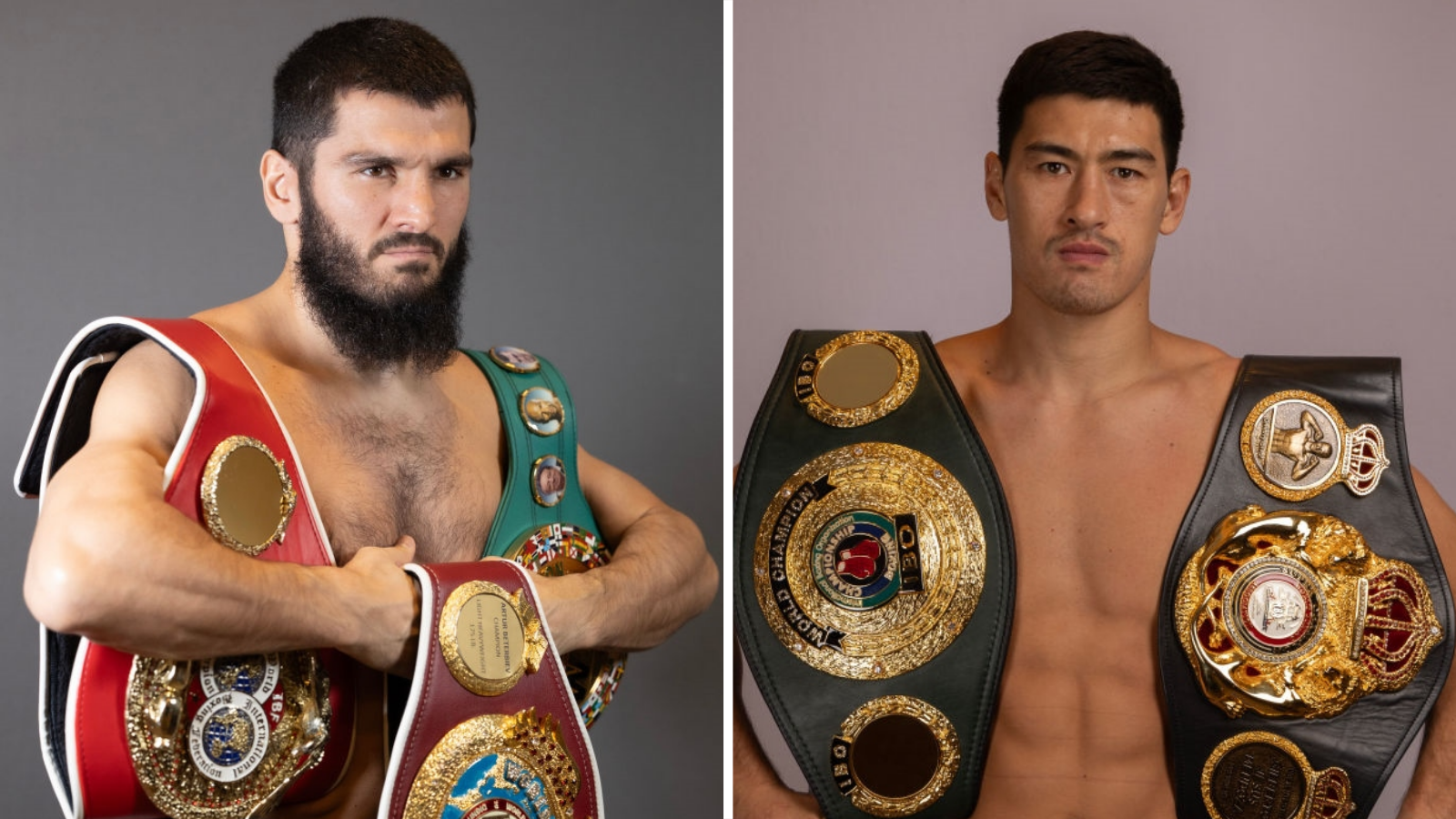 Split image of Artur Beterbiev hold his three world titles and Dmitry Bivol doing the same